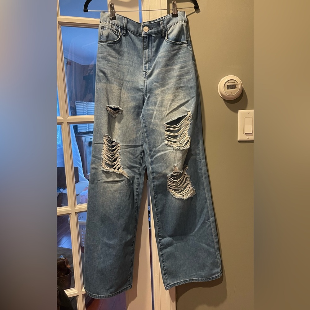 NWT- Wide Leg, super high rise Distressed Blue Jeans from SO